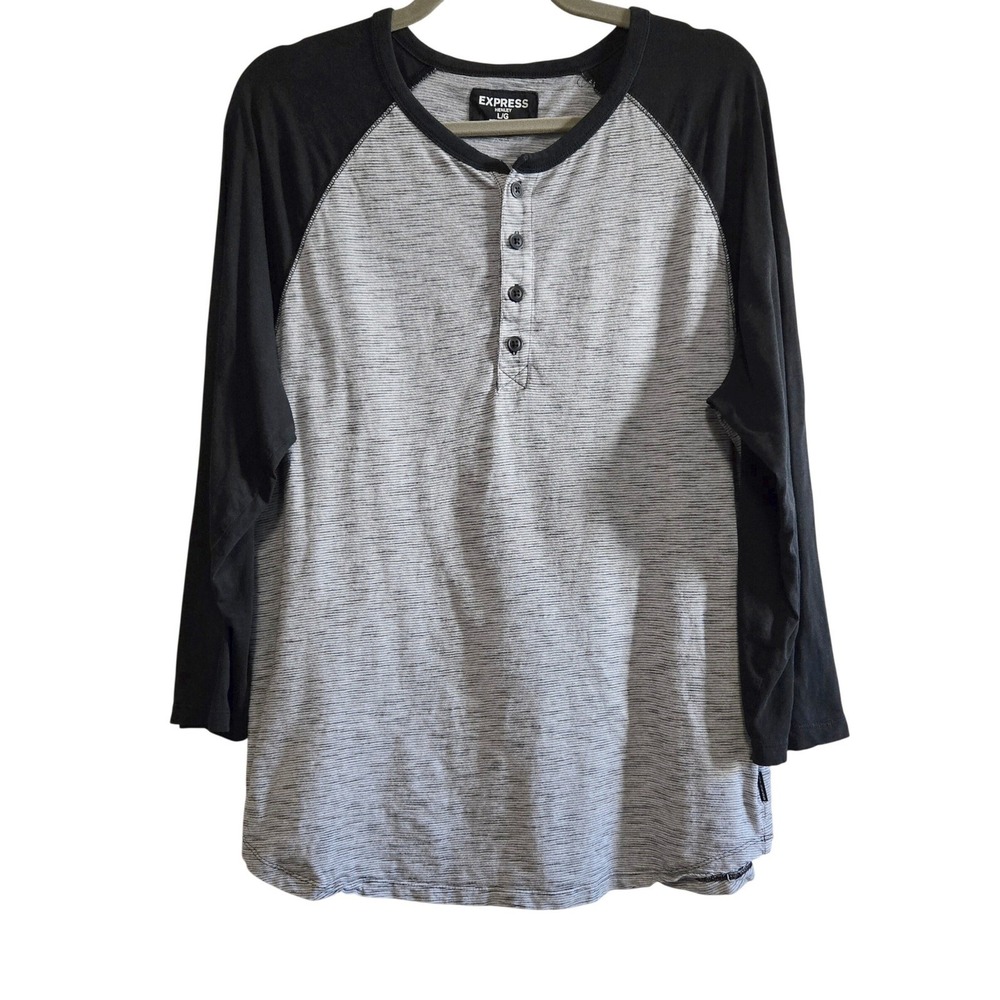 Sporty Express Henley Top Women's Large Gray Black Raglan 3/4 Sleeve Striped Tee